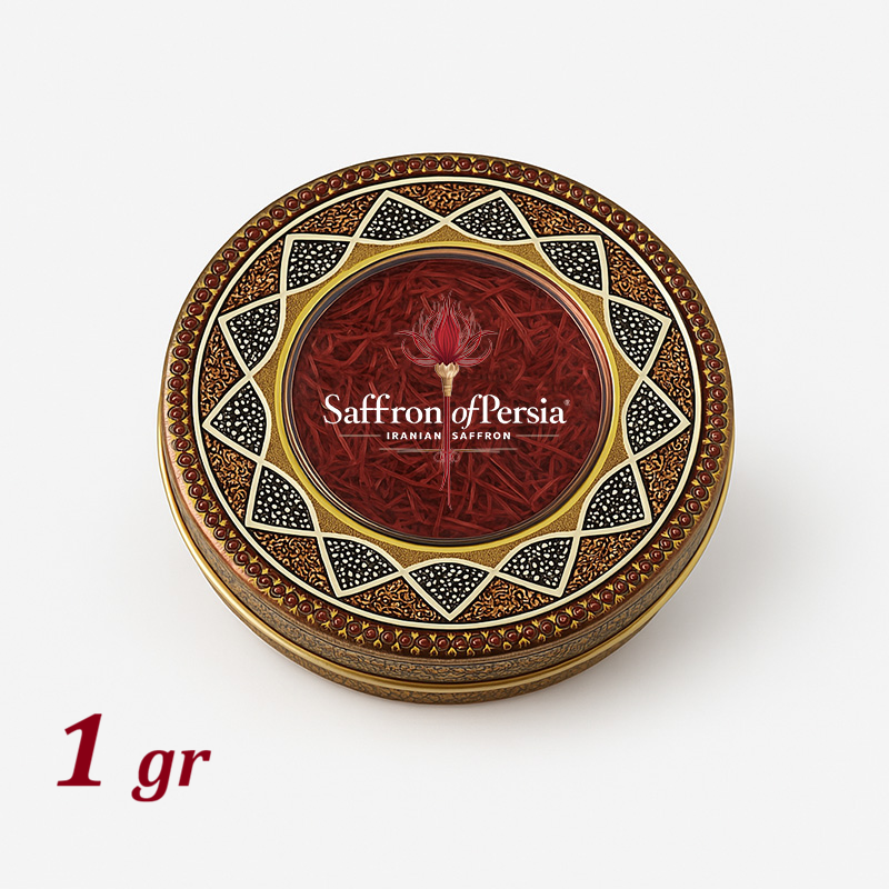 1 gram of Super Negin saffron in decorated metal tin, premium Iranian saffron