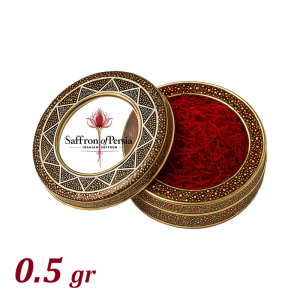 0.5 grams of Super Negin saffron in decorated metal tin, premium Iranian saffron