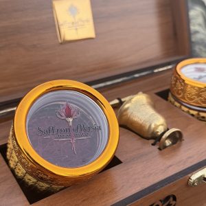 Saffron of Persia luxury gift set with Iranian saffron glass vials and gold mortar