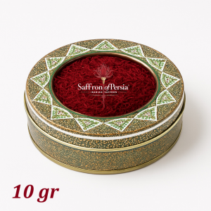 10 grams of Super Negin saffron in decorated metal tin, premium Iranian saffron