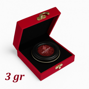 3 grams of Super Negin saffron in embossed metal box with red velvet packaging, premium Iranian saffron