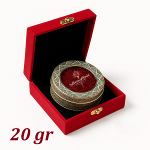 20 grams of Super Negin saffron in embossed metal box with red velvet packaging, premium Iranian saffron