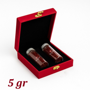 5 grams of Super Negin saffron in velvet and glass packaging, premium Iranian saffron