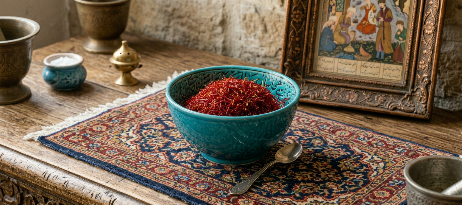 Traditional Persian saffron display Bowl of dried saffron threads on an ornate Persian rug surrounded by a brass mortar and pestle, a spoon, and a labeled brass container